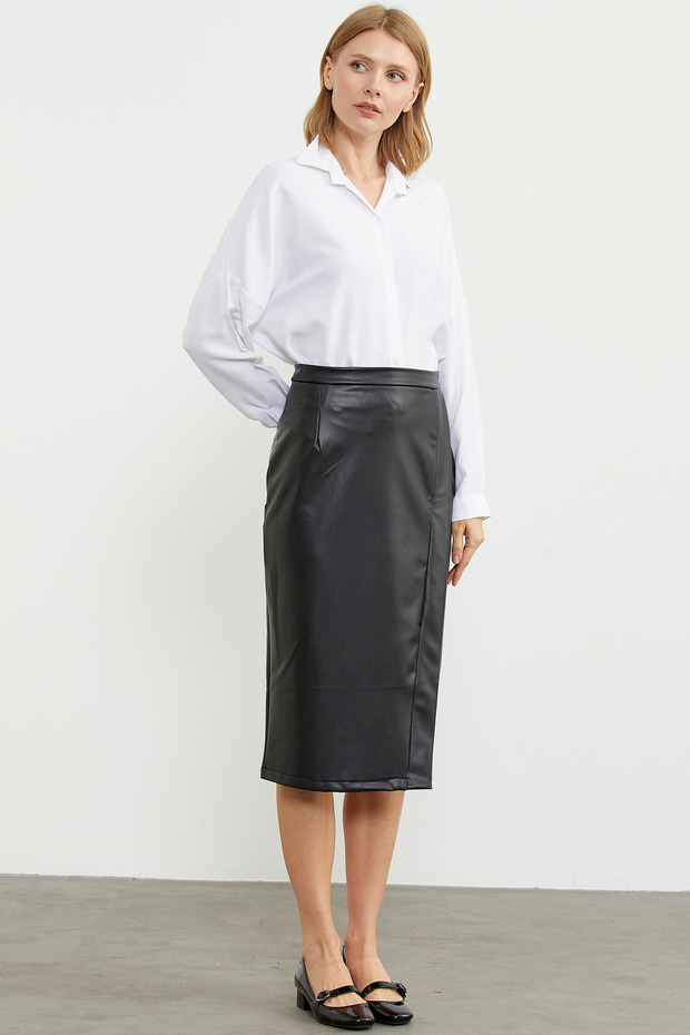 Suni Deri Önden Yırtmaçlı Etek - Siyah - 2