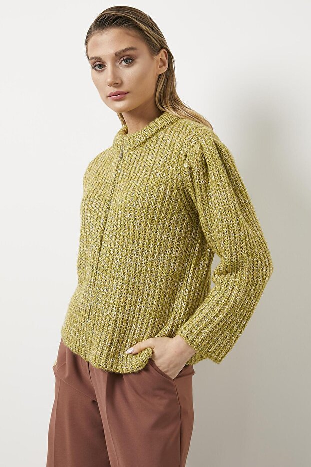 Pullu Fermuarlı Triko Hırka Hardal - 4