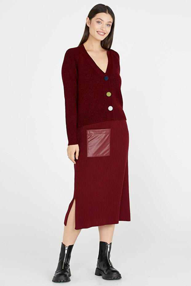 Leather Detailed Midi Knitwear Skirt - Claret Red
