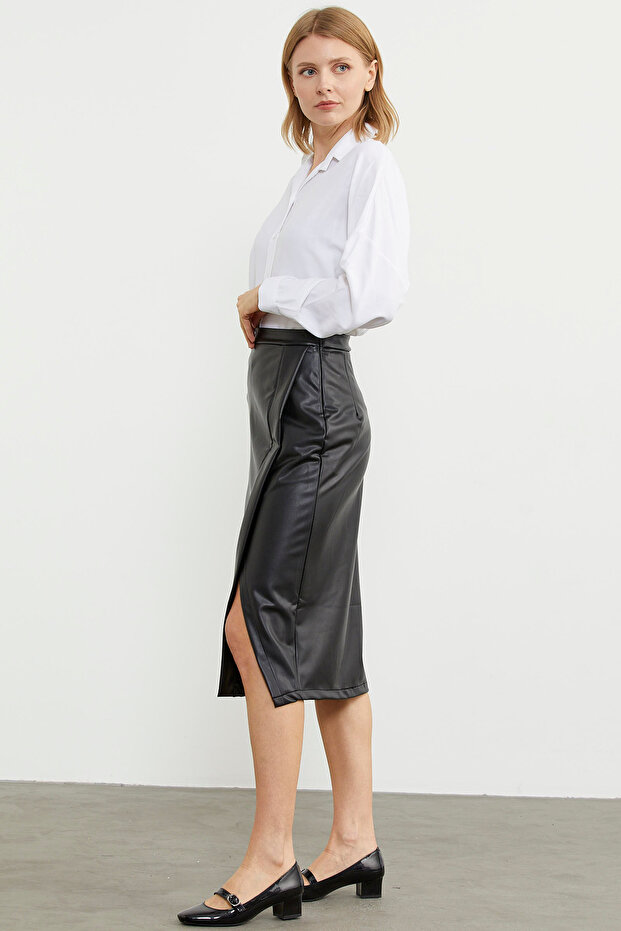 Suni Deri Önden Yırtmaçlı Etek - Siyah - 4