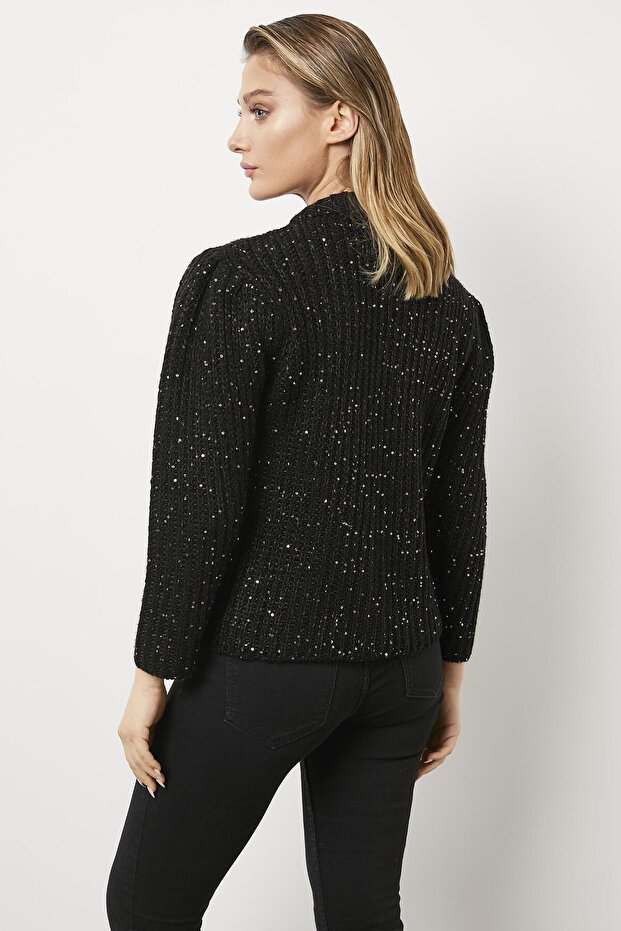 Pullu Fermuarlı Triko Hırka - Siyah - 4