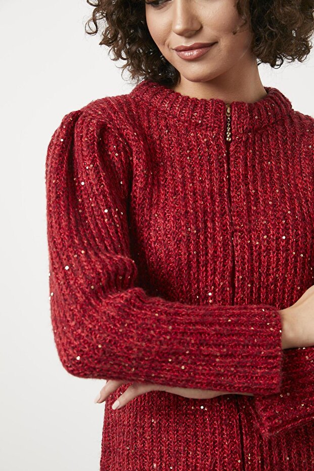 Pullu Fermuarlı Triko Hırka - Kırmızı - 2