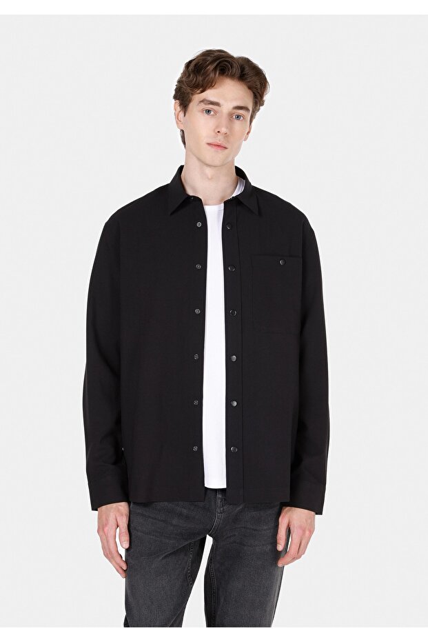 Regular Fit Shirt Neck Plain Men's Black Long Sleeve Shirt