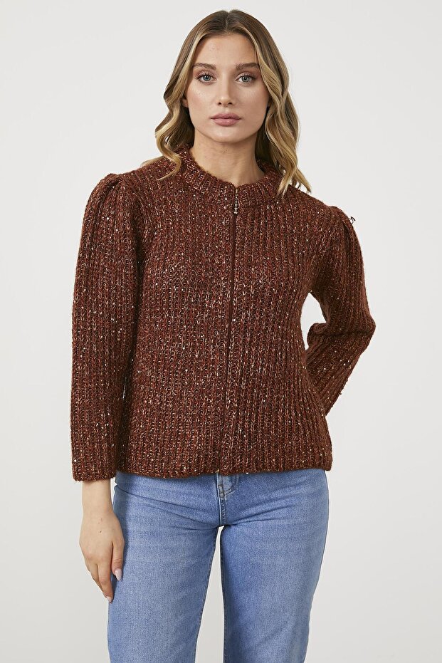 Pullu Fermuarlı Triko Hırka - Kahve - 1