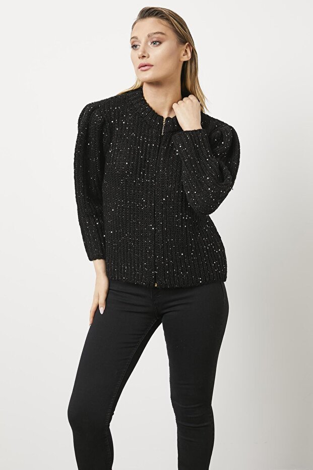 Pullu Fermuarlı Triko Hırka - Siyah - 1