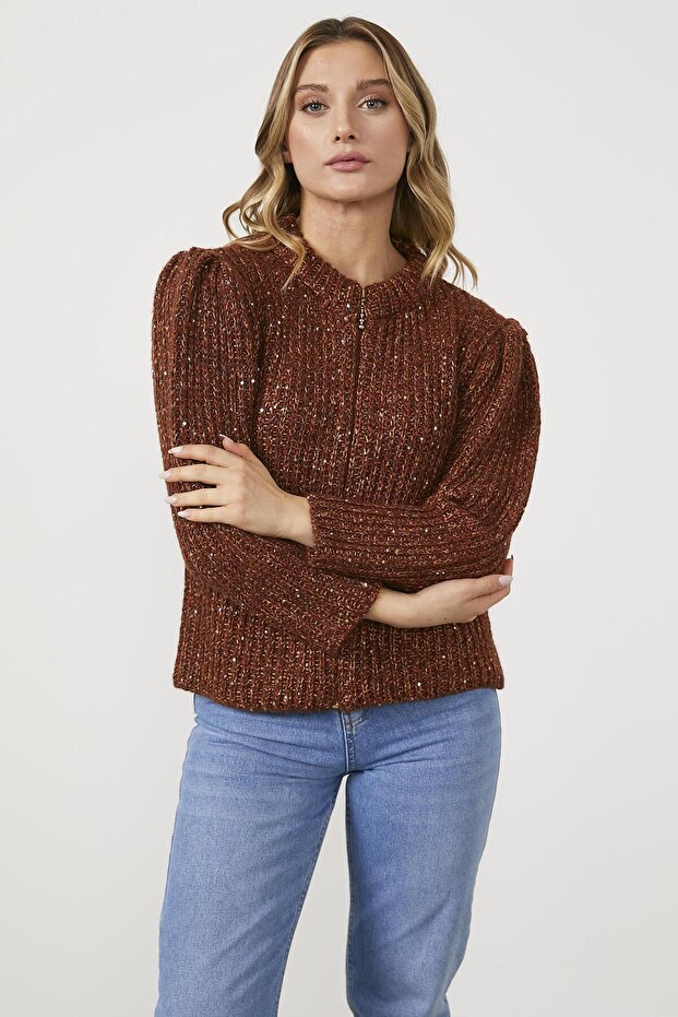 Pullu Fermuarlı Triko Hırka - Kahve - 2