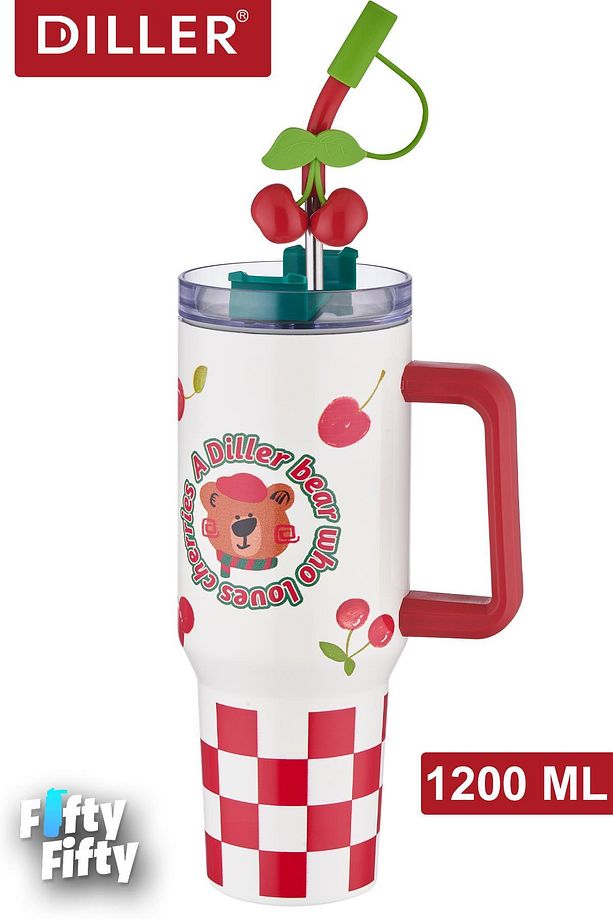 DILLER Quencher Cup 1200 ML Pipetli/Rahat İçim Kulplu Paslanmaz Çelik Termos -FFDILLERD9221 - 1