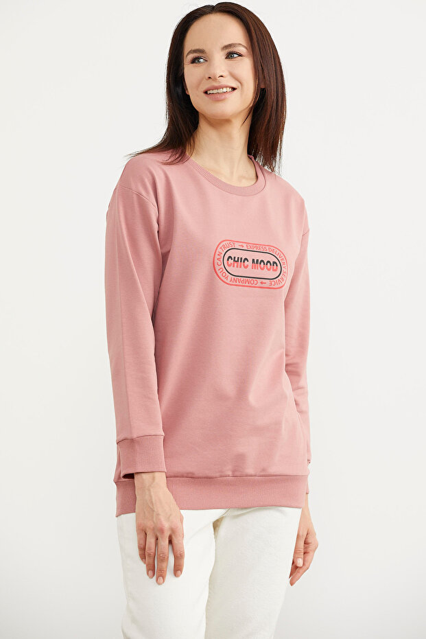 Baskılı Oversize Basic Sweatshirt - Gül Kurusu - 3