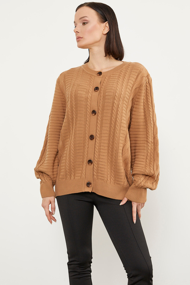 Sıfır Yaka Düğmeli Triko Hırka - Kamel - 3