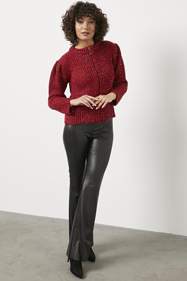 Pullu Fermuarlı Triko Hırka - Kırmızı - 1