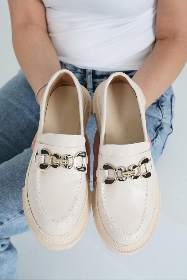 Kadın Bej Deri Yeni Gc Kalın Taban Loafer Makosen Ayakkabı 4,5cm Byndlfrk02 - 4