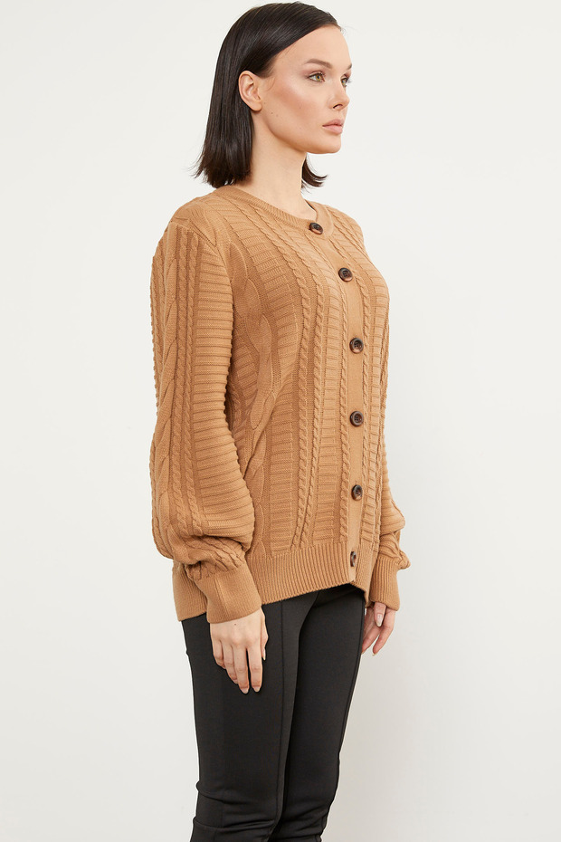 Sıfır Yaka Düğmeli Triko Hırka - Kamel - 5