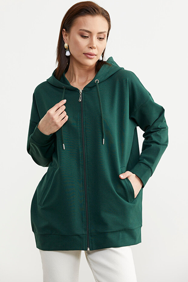 Fermuarlı Oversize Sweat - Yeşil - 3
