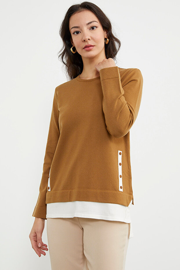 Etek Ucu Parçalı Triko Kazak - Kamel - 4