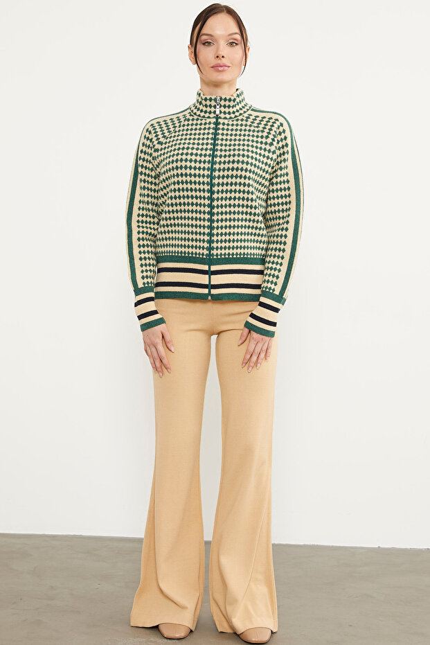 سترة تريكو بسحاب منقوشة بنقشة Houndstooth - أخضر