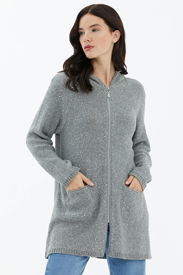 Kapüşonlu Fermuarlı Pullu Triko Hırka - Gri - 1