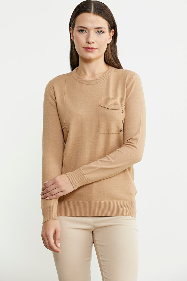 Sıfır Yaka Cepli Düğmeli Triko Kazak Bej - 1