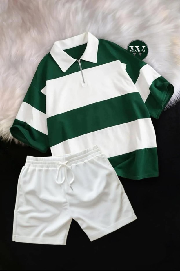Unisex Piece Polo Neck Half Zipper T-Shirt Shorts Set-Overisize Black and White Polo Neck Set