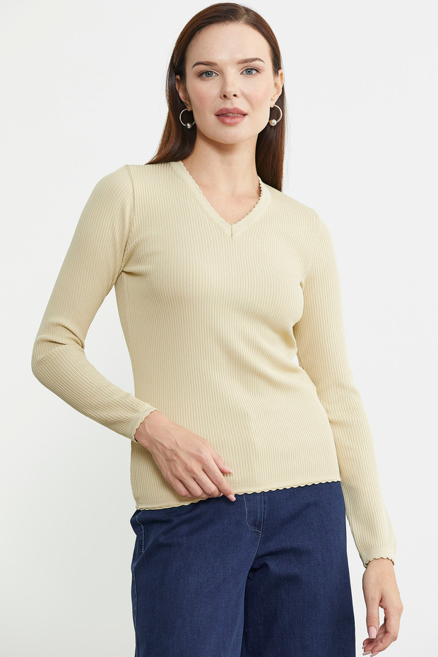 Fitilli V Yaka Basic Triko Kazak - Krem - 2