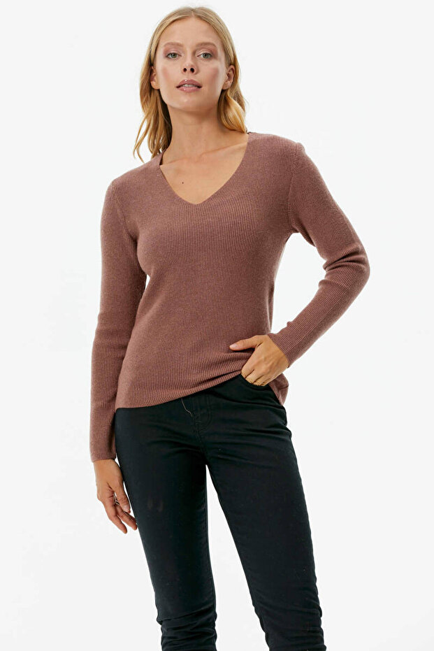 V Yaka Basic Triko Kazak - Tarçın - 4