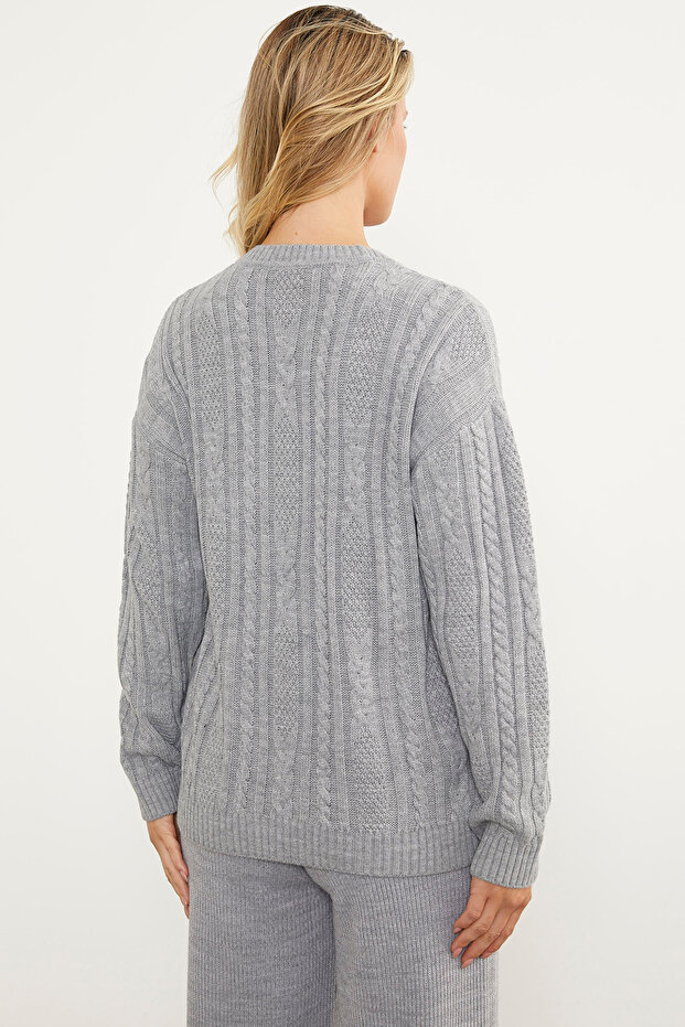 Saç Örgü Detaylı Basic Triko Kazak - Gri - 7