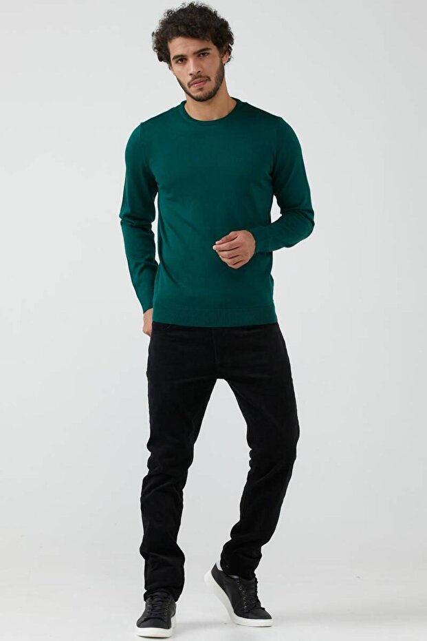 Erkek Sıfır Yaka Basic Triko Kazak - Yeşil - 2