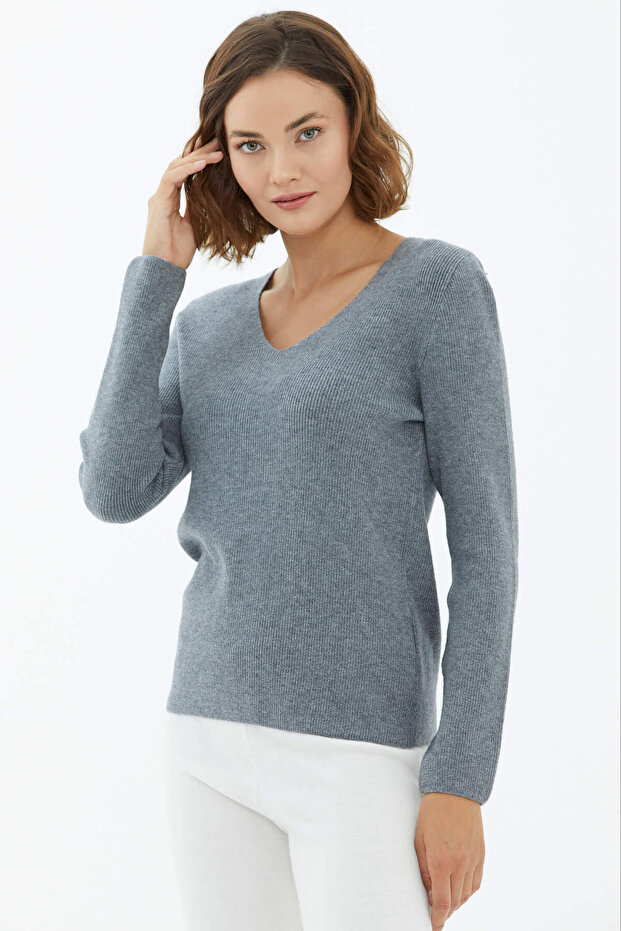 V Yaka Basic Triko Kazak - Koyu Gri - 2