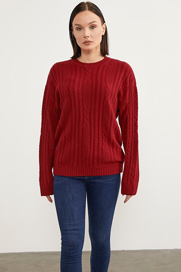 Saç Örgü Detaylı Basic Triko Kazak - Kırmızı - 1