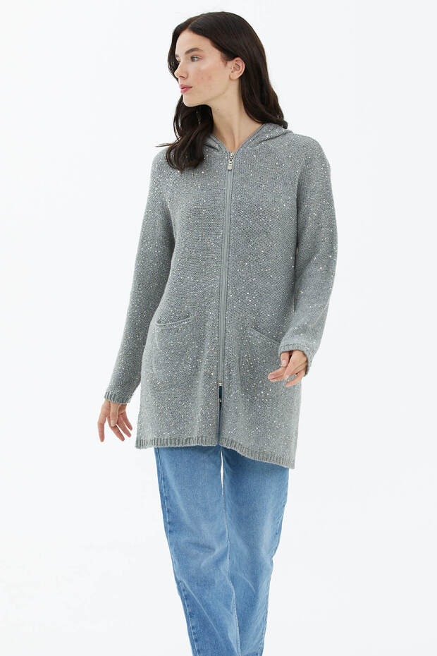 Kapüşonlu Fermuarlı Pullu Triko Hırka - Gri - 2