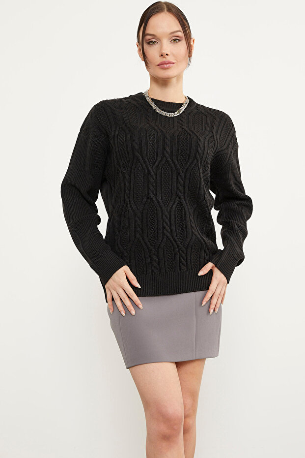 Oversize Embossed Patterned Knitwear Sweater - Black