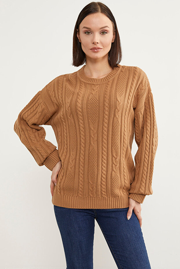 Saç Örgü Detaylı Basic Triko Kazak - Kamel - 1