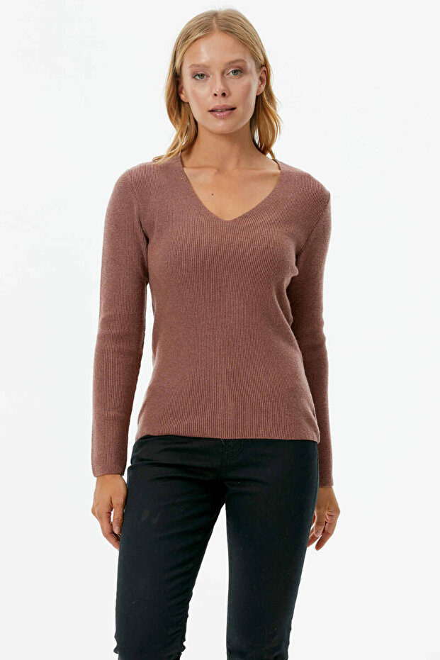 V Yaka Basic Triko Kazak - Tarçın - 1