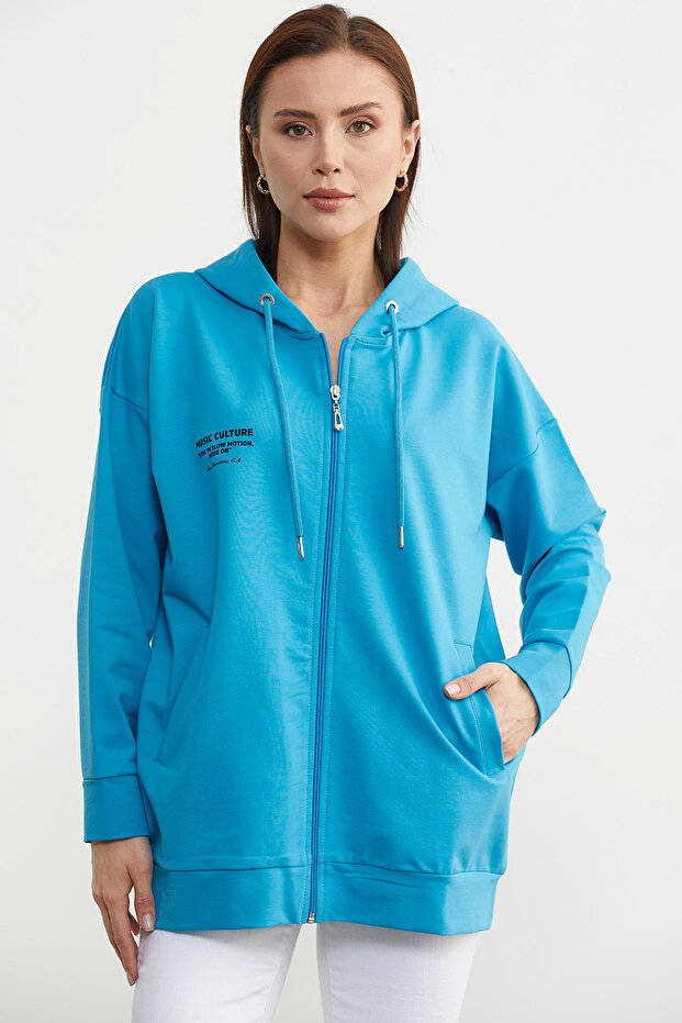 Fermuarlı Oversize Sweat - Mavi - 1