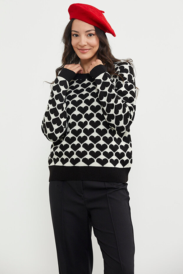 سترة تريكو منقوشة على شكل قلب - أسود - 3