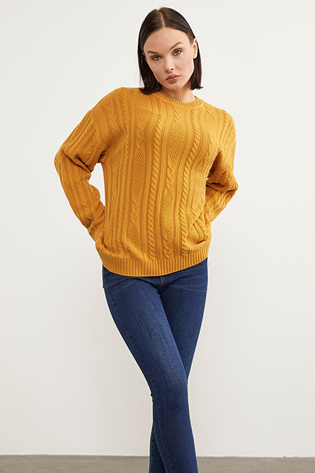 Saç Örgü Detaylı Basic Triko Kazak - Güneş - 4