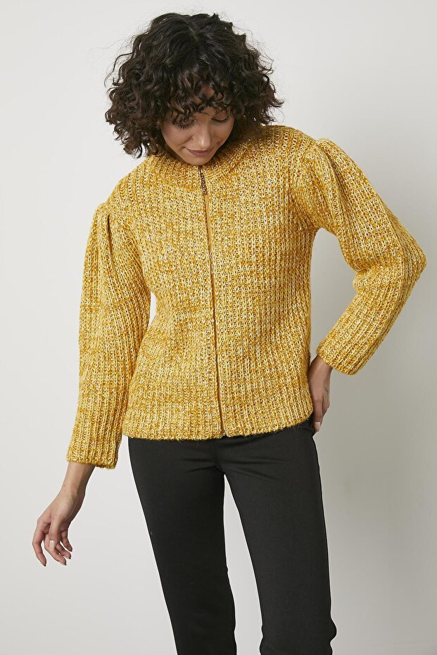 Pullu Fermuarlı Triko Hırka - Sarı - 4