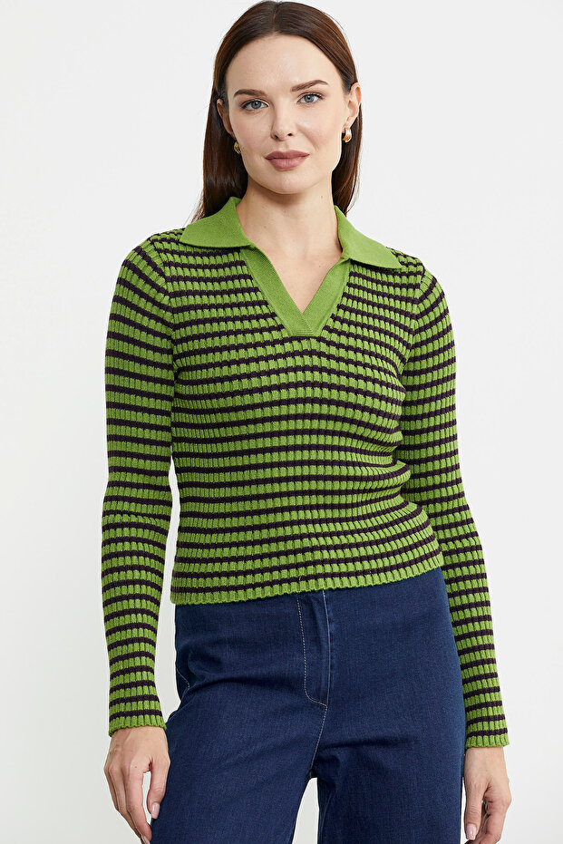 Polo Collar Striped Viscose Knit Sweater - Green