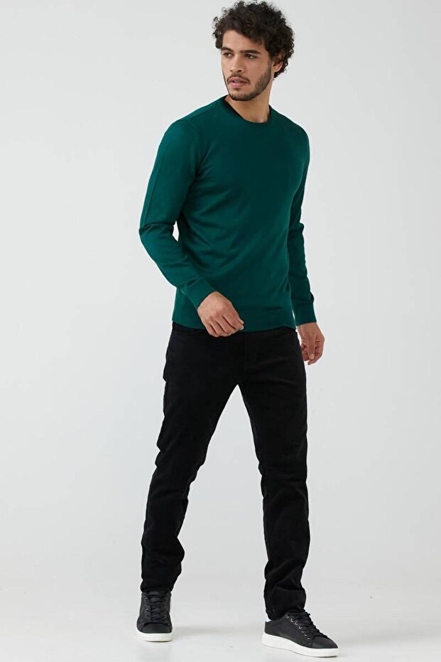 Erkek Sıfır Yaka Basic Triko Kazak - Yeşil - 1