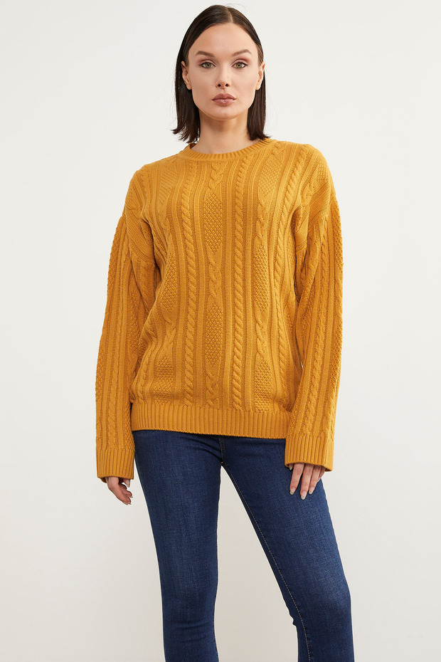 Saç Örgü Detaylı Basic Triko Kazak - Güneş - 1