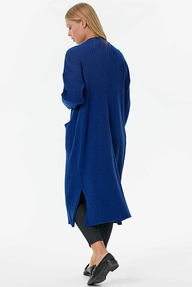 Oversize Uzun Triko Hırka - Saks - 6