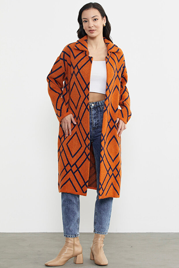 سترة طويلة منقوشة - برتقالي - 2