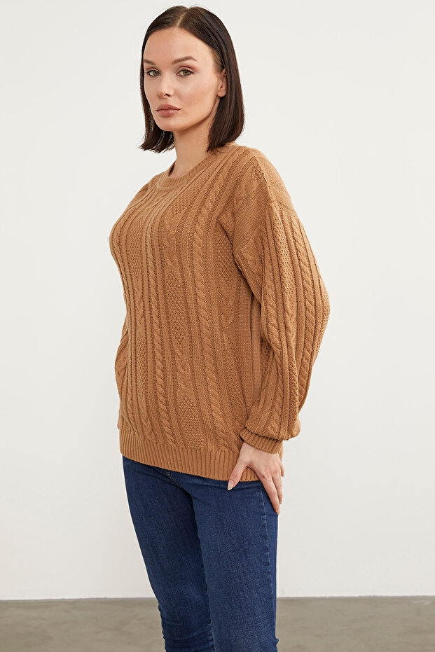 Saç Örgü Detaylı Basic Triko Kazak - Kamel - 5