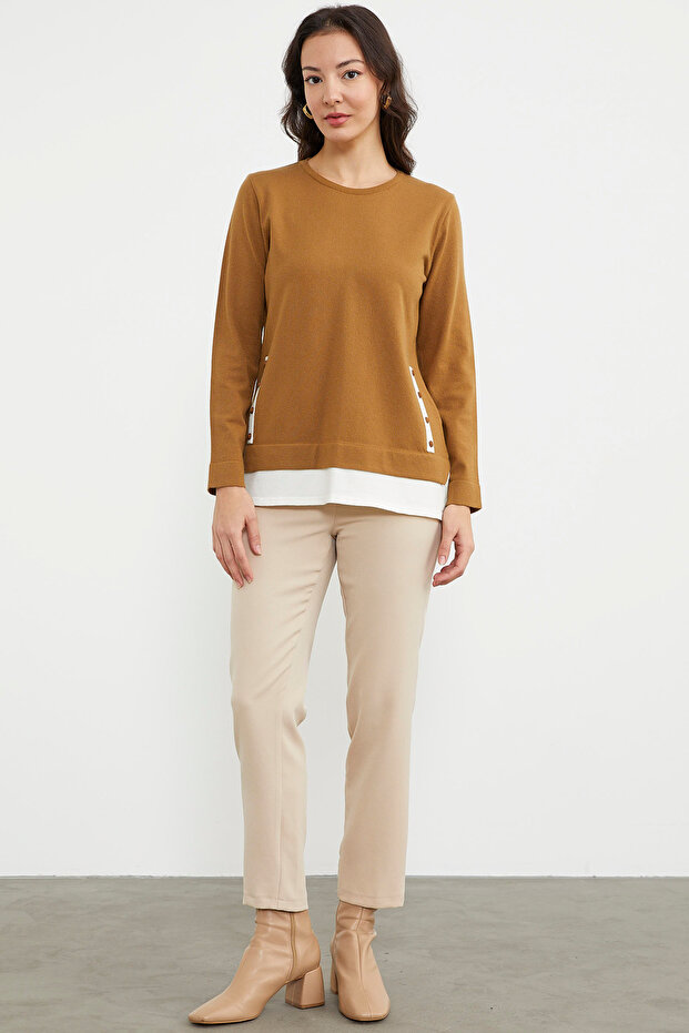 Etek Ucu Parçalı Triko Kazak - Kamel - 1