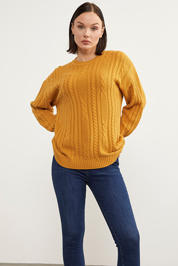 Saç Örgü Detaylı Basic Triko Kazak - Güneş - 3