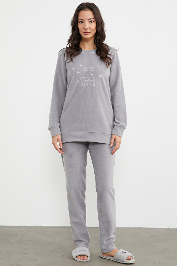 Embroidery Detailed Fleece Pajama Set - Gray
