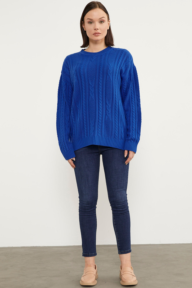 Saç Örgü Detaylı Basic Triko Kazak - Saks - 3