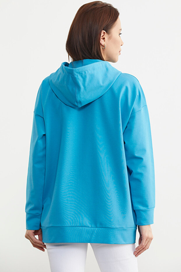 Fermuarlı Oversize Sweat - Mavi - 4