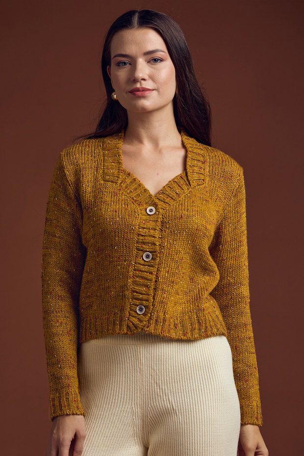 Wool Knit Cardigan with Frayed Collar Detail - Mustard
