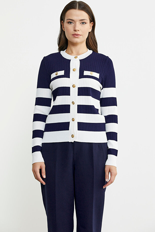 Double Color Block Transition White Knitwear Cardigan