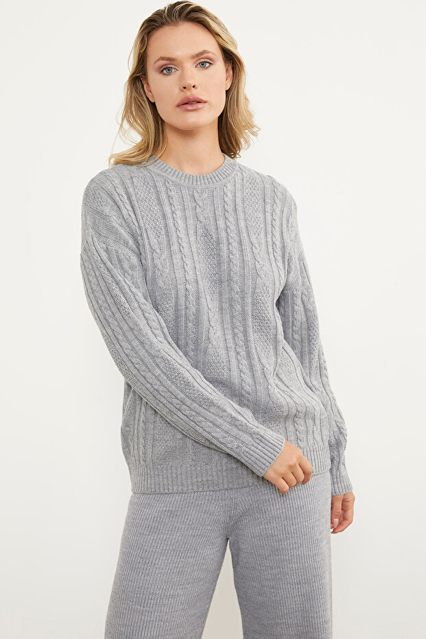 Saç Örgü Detaylı Basic Triko Kazak - Gri - 6